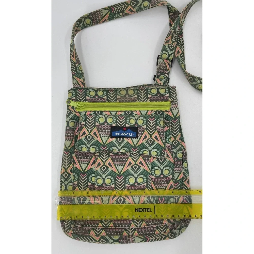 KAVU Canvas Crossbody Adjustable Small Bag Featured In Greens & Corals Geometric